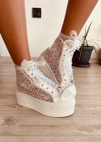 Beyaz Nakışlı Bağcıklı Platform Kadın Spor Ayakkabı - Görsel 6