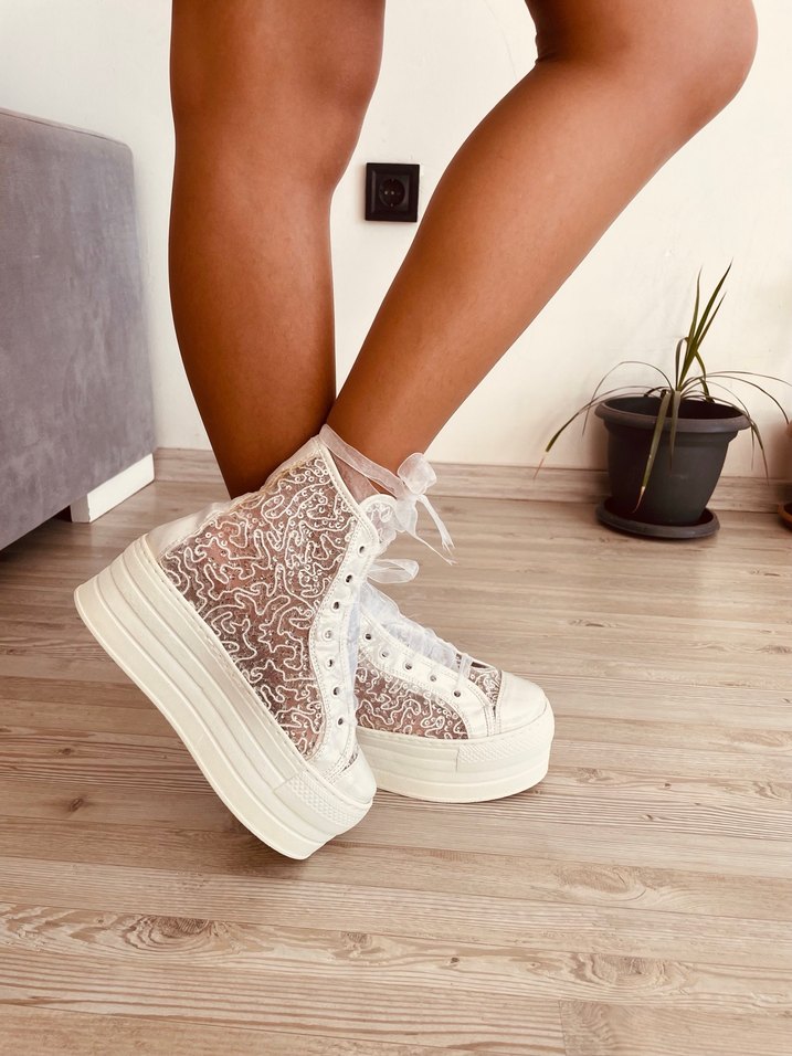 Beyaz Nakışlı Bağcıklı Platform Kadın Spor Ayakkabı - Görsel 4