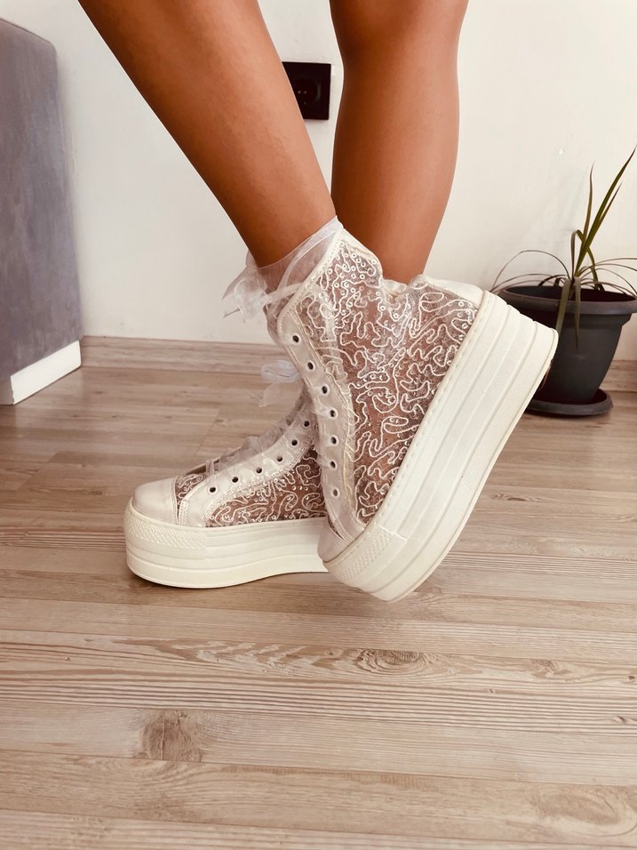 Beyaz Nakışlı Bağcıklı Platform Kadın Spor Ayakkabı - Görsel 3