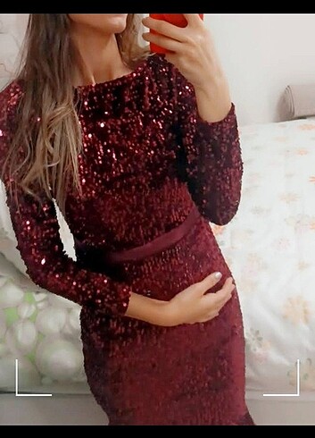 BORDO PUL PAYET SATEN KUŞAK ELBİSE - Görsel 2