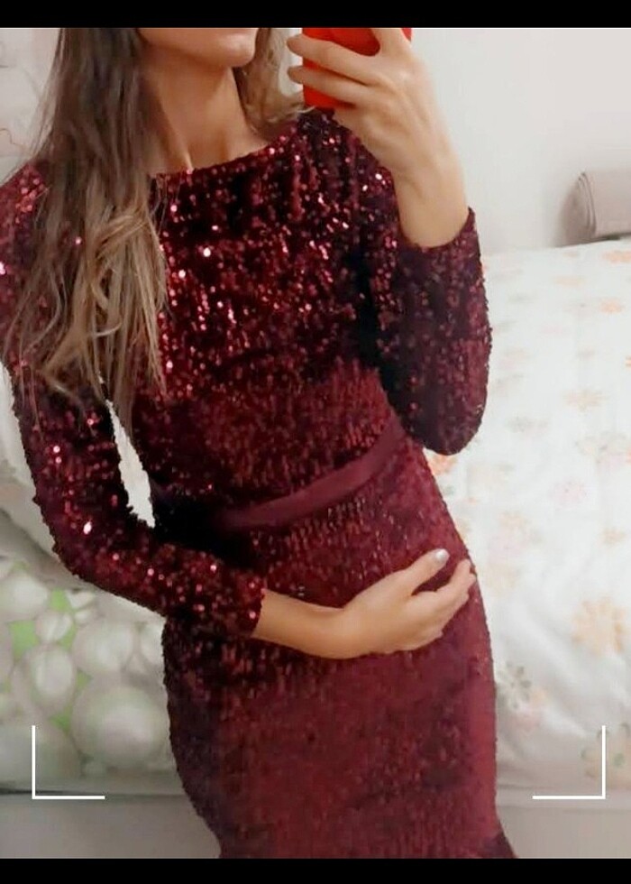 BORDO PUL PAYET SATEN KUŞAK ELBİSE - Görsel 2