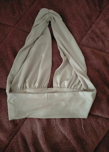 Krem Drapeli V Yaka Crop Top - Görsel 3