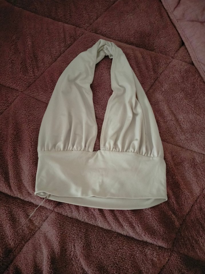 Krem Drapeli V Yaka Crop Top - Görsel 2