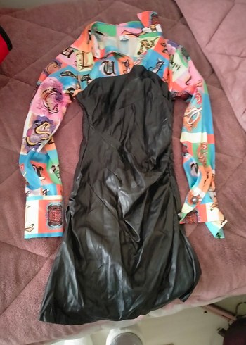 Çok Renkli Baskılı Uzun Kollu Kadın Mini Elbise - Görsel 2