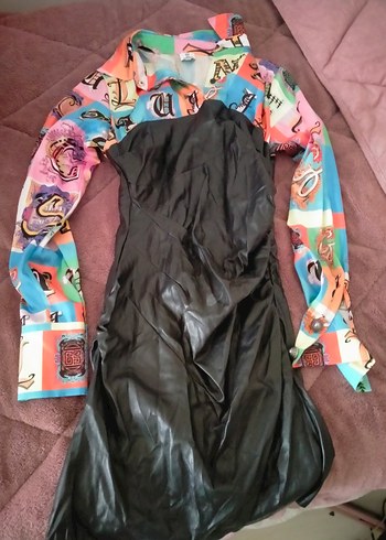 Çok Renkli Baskılı Uzun Kollu Kadın Mini Elbise - Görsel 3