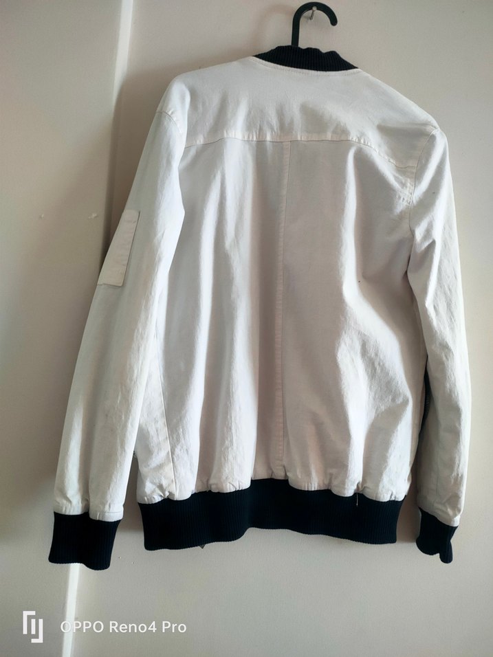 erkek Beyaz Bomber Ceket, Fermuarlı, Pamuk - Görsel 2