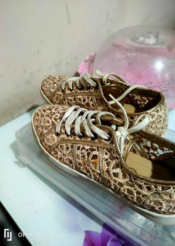 Yüksek Topuklu Bej dantel Desenli Kadın Spor Ayakkabı - Görsel 3