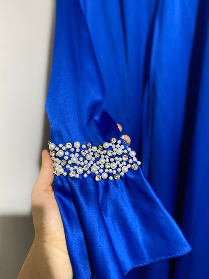 İnci İşlemeli Mavi Uzun Abiye Elbise - Görsel 5