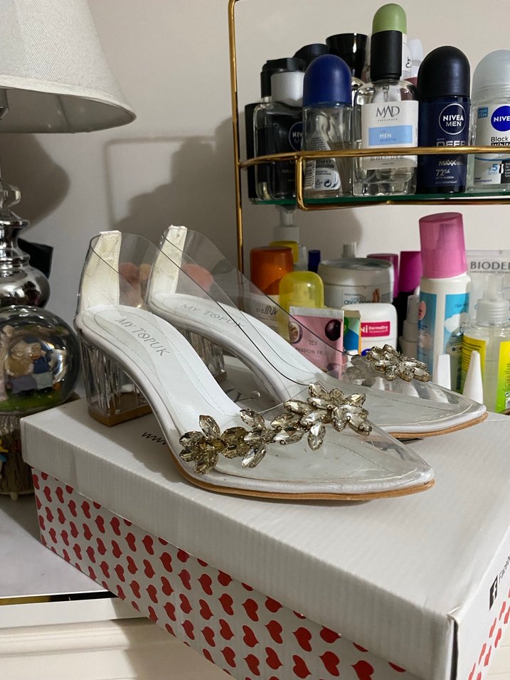 Beyaz Cam Topuklu Kadın Abiye Ayakkabı - Görsel 2