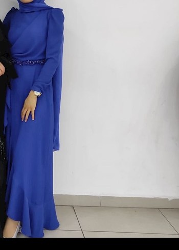 Drapeli Uzun Lacivert Kadın Abiye Elbise - Görsel 2