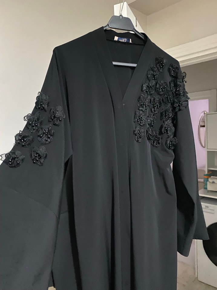 Siyah V Yakalı Uzun Kadın abaya elbise - Görsel 3