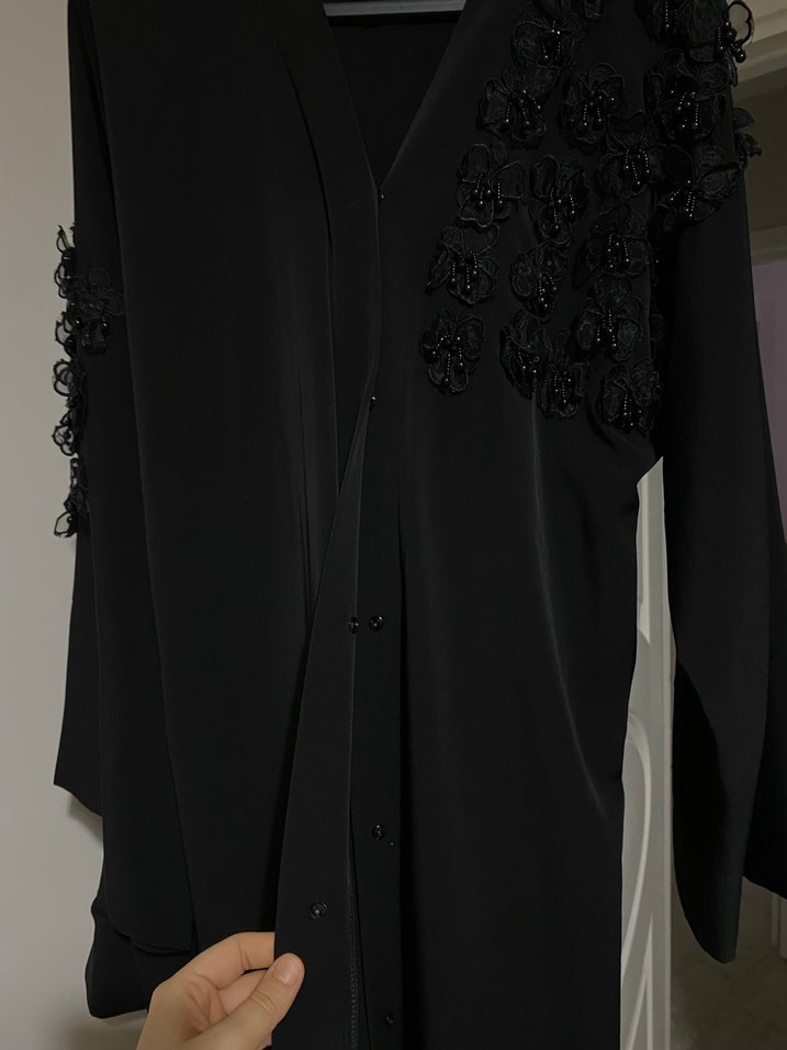 Siyah V Yakalı Uzun Kadın abaya elbise - Görsel 2