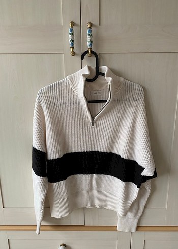 Yarım Fermuarlı Çizgili Beyaz Kadın Triko - Görsel 2