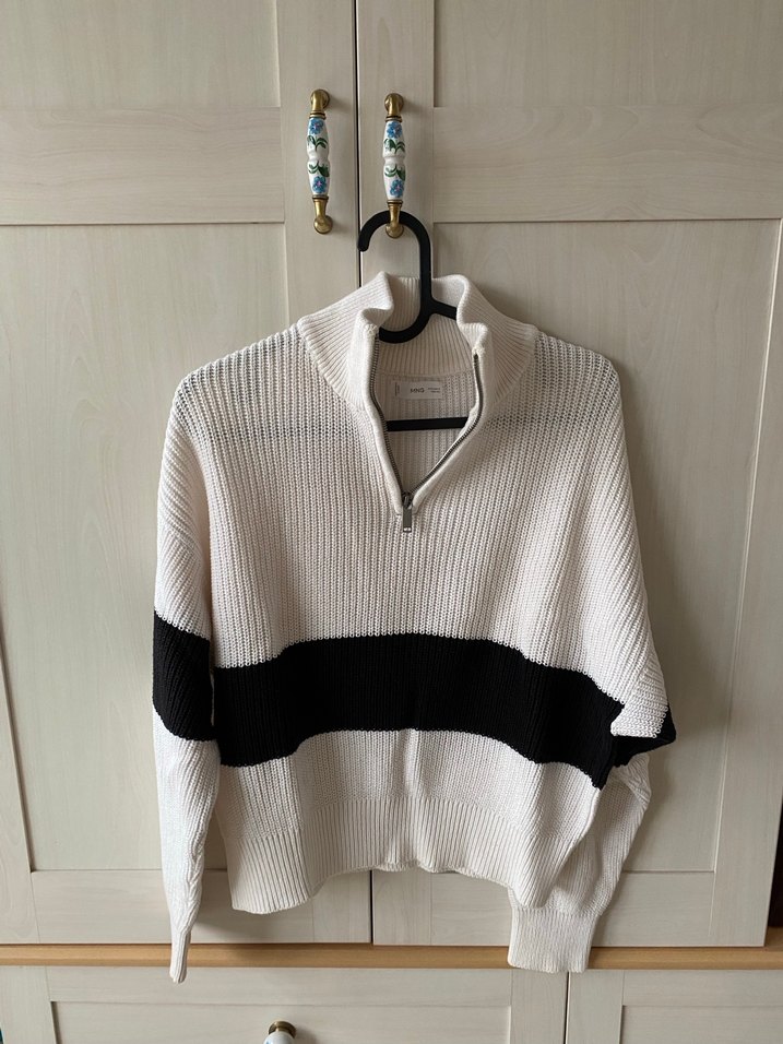 Yarım Fermuarlı Çizgili Beyaz Kadın Triko - Görsel 2