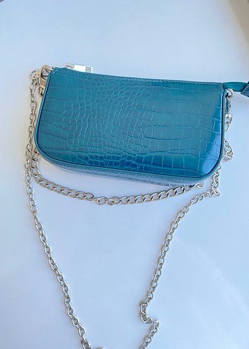 Turkuaz Deri Yılan Desenli Zincir Detaylı Çanta - Görsel 3