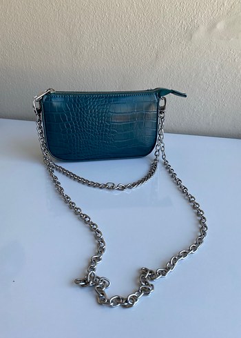 Turkuaz Deri Yılan Desenli Zincir Detaylı Çanta - Görsel 2