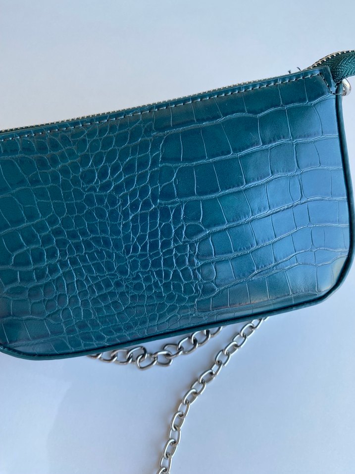 Turkuaz Deri Yılan Desenli Zincir Detaylı Çanta - Görsel 4