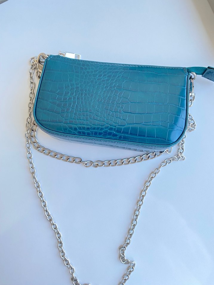 Turkuaz Deri Yılan Desenli Zincir Detaylı Çanta - Görsel 3