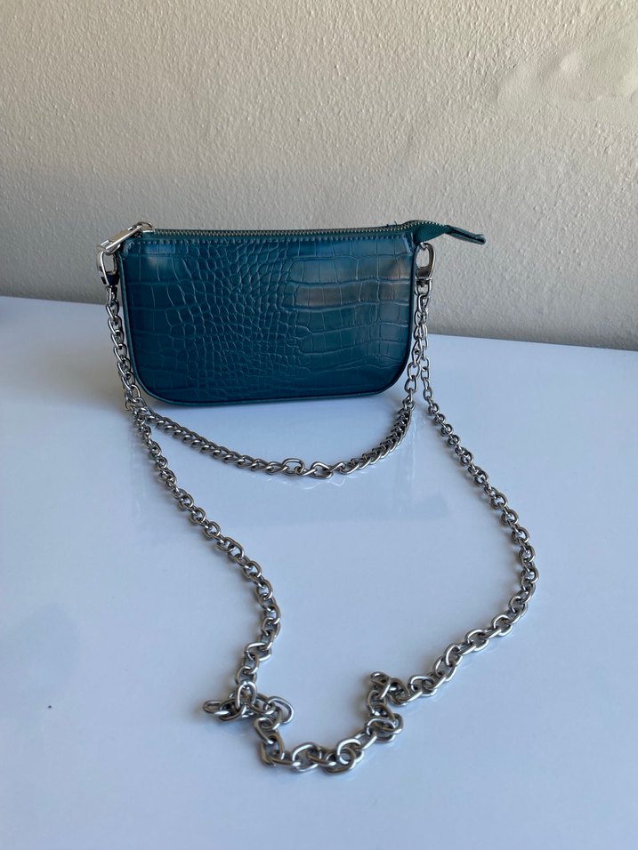Turkuaz Deri Yılan Desenli Zincir Detaylı Çanta - Görsel 2