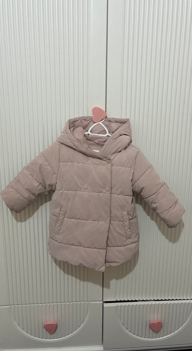 Kız Çocuk Kapüşonlu pastel pembe Düğmeli Mont - Görsel 2