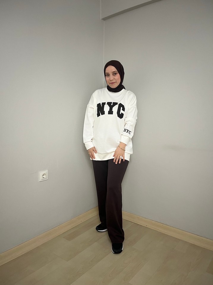Beyaz NYC Baskılı Kadın Sweatshirt - Görsel 5
