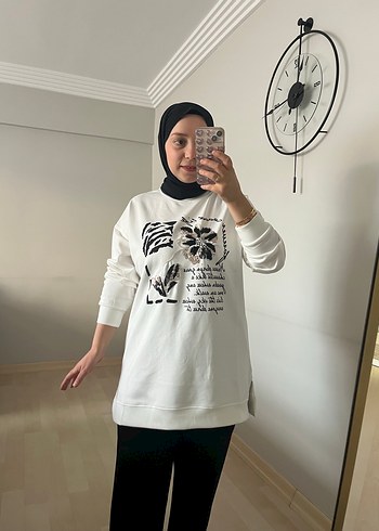 Beyaz Baskılı Pamuklu Uzun Kollu Tunik - Görsel 4