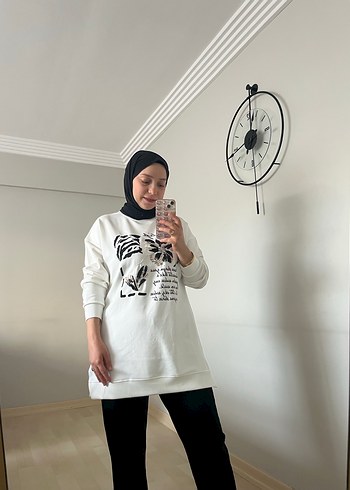 Beyaz Baskılı Pamuklu Uzun Kollu Tunik - Görsel 3