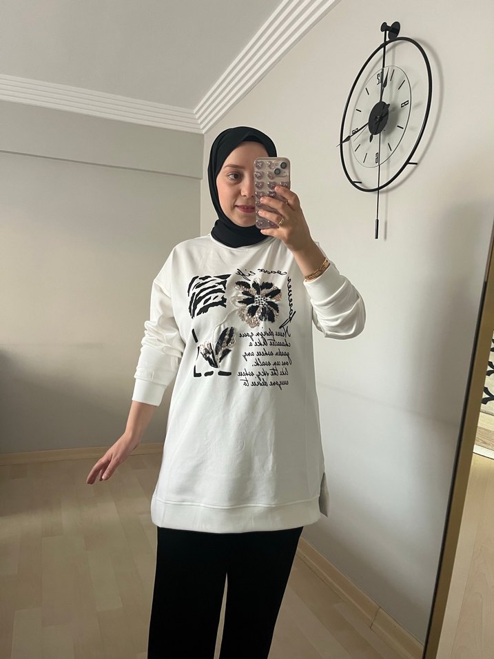 Beyaz Baskılı Pamuklu Uzun Kollu Tunik - Görsel 4