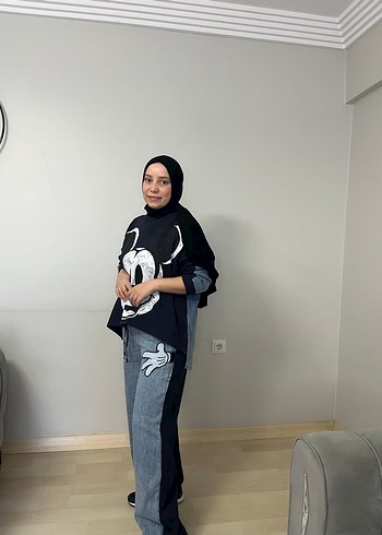 Siyah Gri Baskılı Kadın Denim Eşofman Takımı - Görsel 2