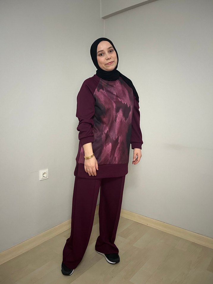 Bordo Bağlama Desenli Salaş Kadın Takım oysho kumaş - Görsel 2