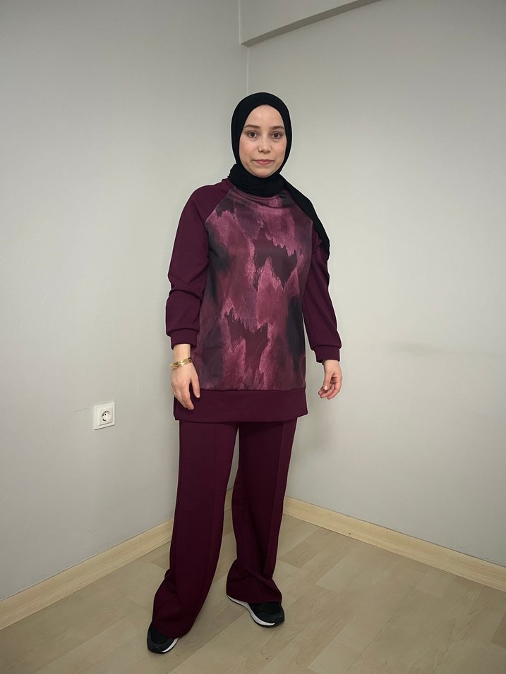 Bordo Bağlama Desenli Salaş Kadın Takım oysho kumaş - Görsel 4