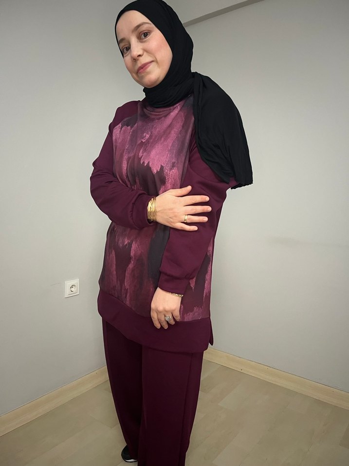 Bordo Bağlama Desenli Salaş Kadın Takım oysho kumaş - Görsel 3