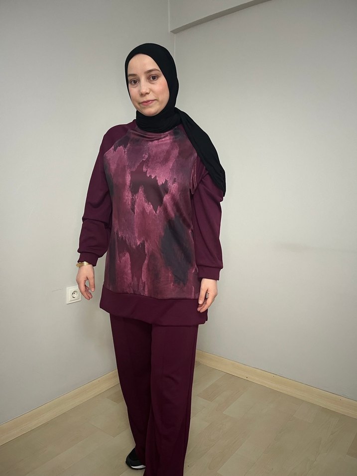 Bordo Bağlama Desenli Salaş Kadın Takım oysho kumaş - Görsel 5