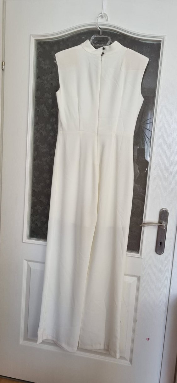 Beyaz, taşlı, astarlı uzun abiye tulum 42 beden - Görsel 2