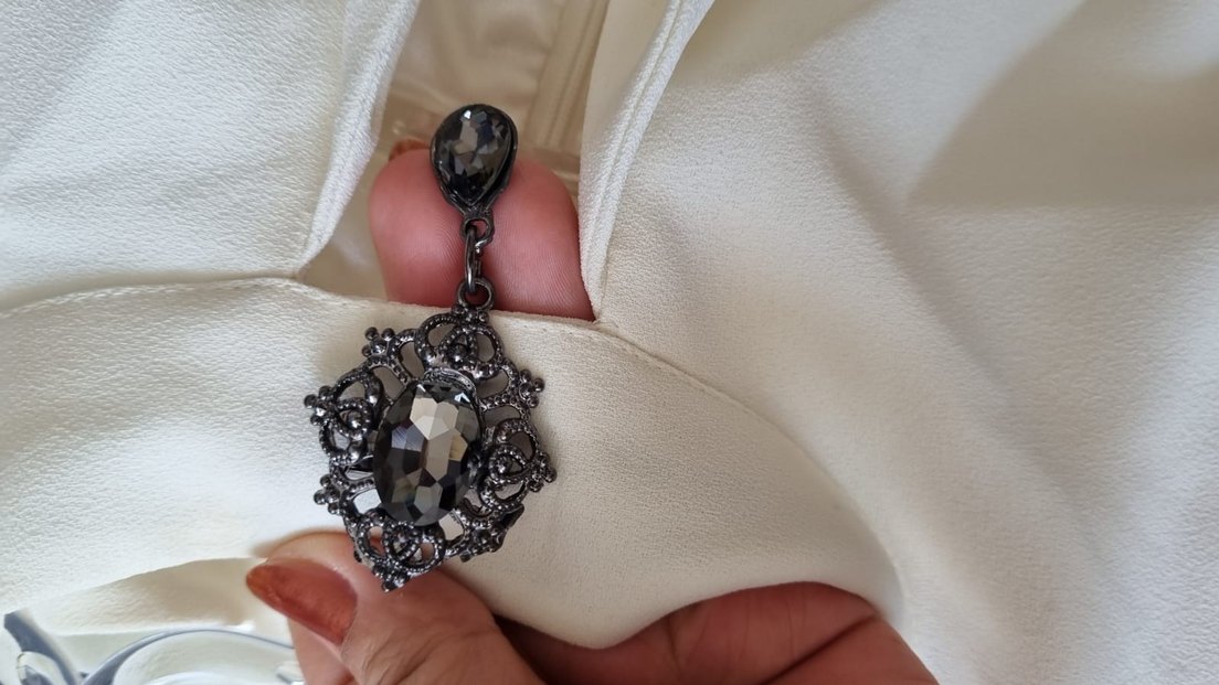 Beyaz, taşlı, astarlı uzun abiye tulum 42 beden - Görsel 3