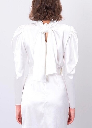 BSL 40 / L Saten Beyaz Vatkalı Elbise (Etiketli) - Görsel 2
