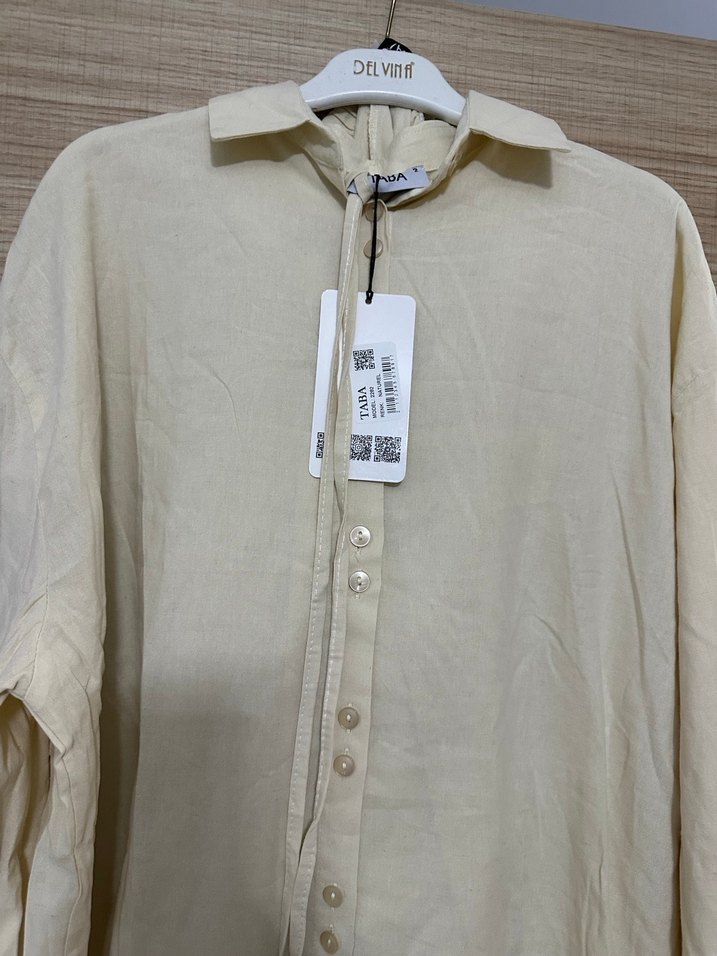 Bej Düğmeli Keten Kadın Gömlek - Görsel 2