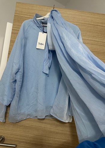 Mavi Keten Uzun Kollu Mini Gömlek - Görsel 4