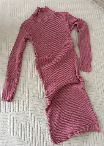 Pembe Uzun Kollu Fitilli Triko Kadın elbise