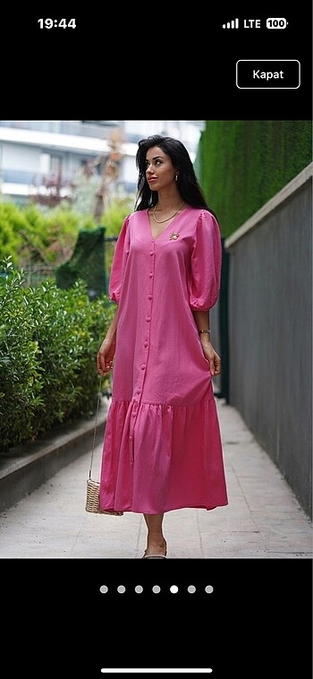 Pembe keten kol balon elbise
