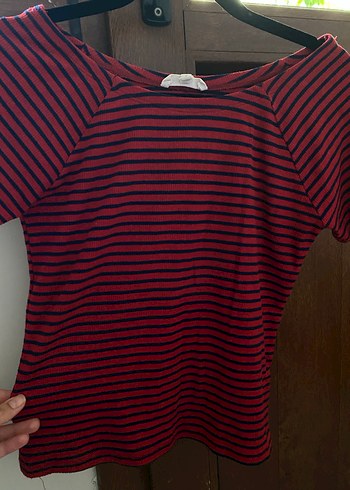 Kırmızı Çizgili Hamile Bluzu, Kısa Kollu, Tekstil - Görsel 2