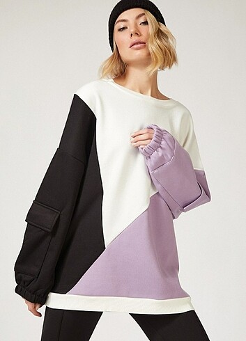 Blok Renkli Polarlı Oversize Sweatshirt
