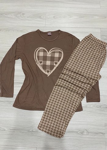 xl Beden kahverengi Renk Bohem VİSKON Uzun Kollu Rahat Kadın Pijama Takımı