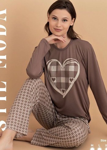 Diğer Uzun Kollu VİSKON Kahverengi kalp Desenli Kadın Pijama Takımı