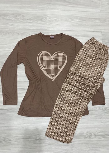 Uzun Kollu VİSKON Kahverengi kalp Desenli Kadın Pijama Takımı
