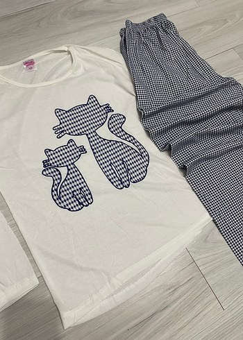 xxl Beden Uzun Kollu Kedili Kadın Pijama Takımı