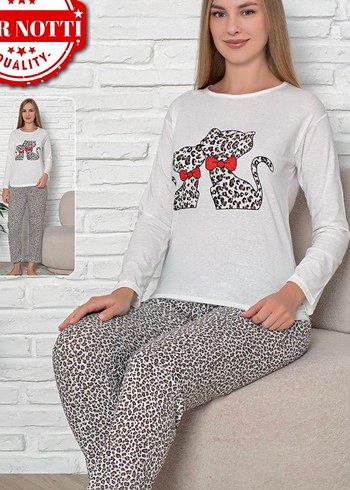 Diğer Leopar kedi Desenli Uzun Kollu Kadın Pijama Takımı