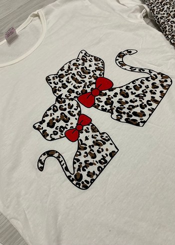 m Beden Leopar kedi Desenli Uzun Kollu Kadın Pijama Takımı
