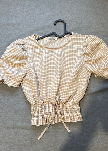 Bej Keten Pilili Mini Bluz
