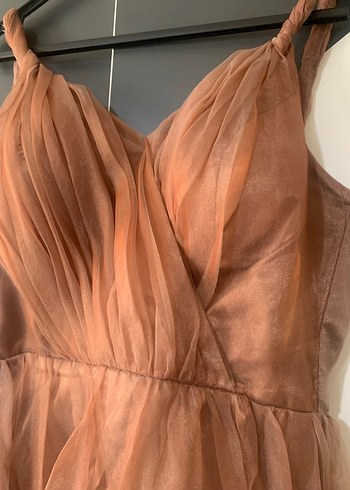 Bakır renkliUzun Drapeli Bohem Straplez Abiye Elbise 42 - Görsel 2